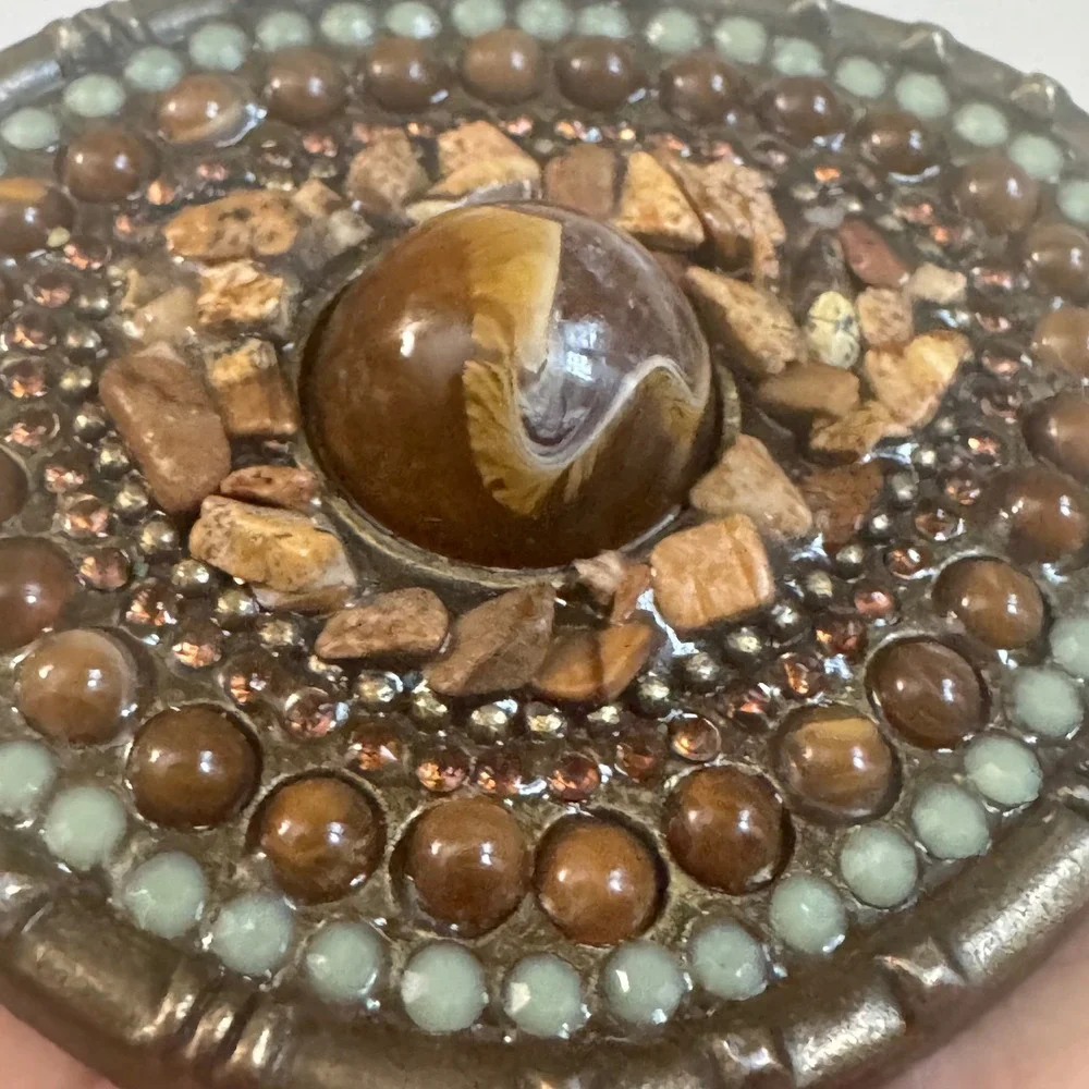 Vintage Mosaic Stone Belt Buckle Western Boho Tiger Eye Cabochon Bronze Oval